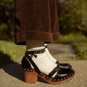 1970s Black Leather Platform Clogs