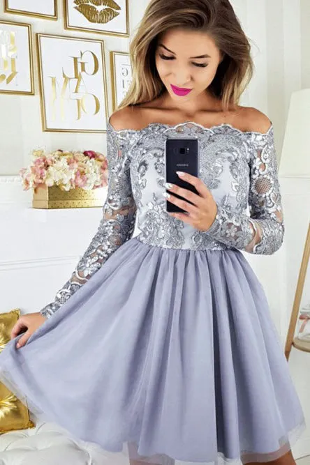 A-line Off the Shoulder Appliqued Lavender Homecoming Dress with Tulle Skirt OHM219