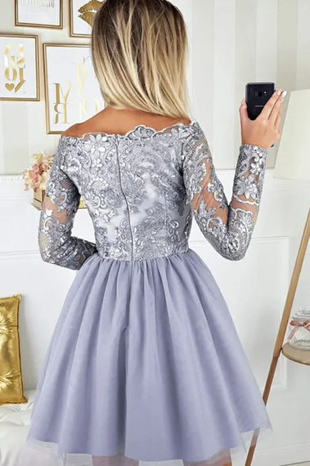 A-line Off the Shoulder Appliqued Lavender Homecoming Dress with Tulle Skirt OHM219