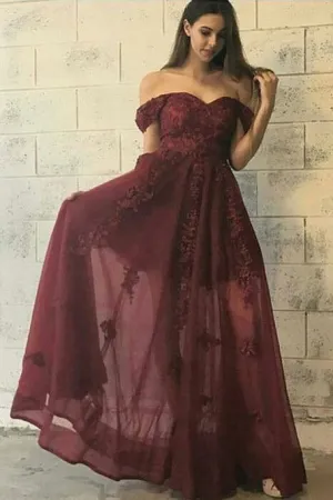 A-Line Off-the-Shoulder Floor-Length Burgundy Appliques Prom Dress OHC043
