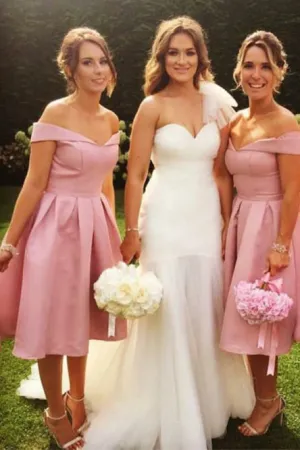 A-Line Off-the-Shoulder Knee Length Bridesmaid Dress with Pleats OHS036
