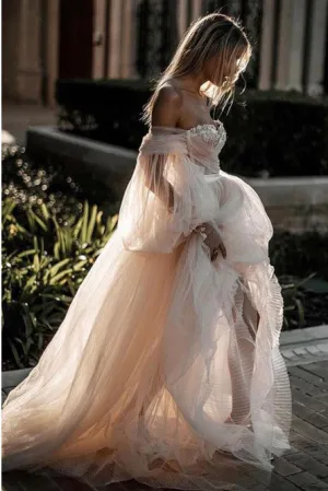 A-Line Off-the-Shoulder Long Sleeves Wedding Dress with Appliques OHD088