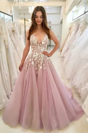 A-Line V-Neck Sweep Train Pink Tulle Prom Dress with Appliques OHC044