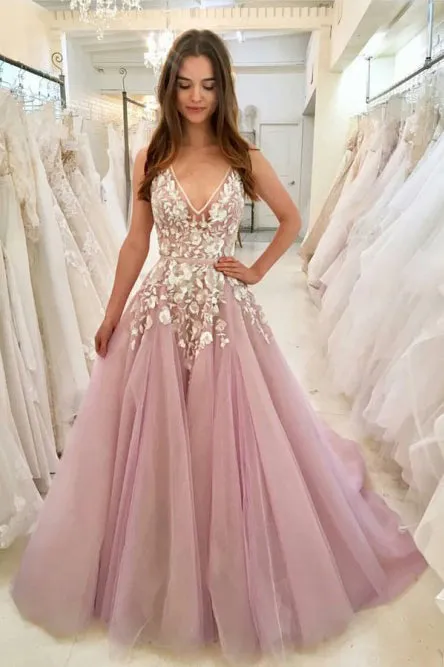 A-Line V-Neck Sweep Train Pink Tulle Prom Dress with Appliques OHC044