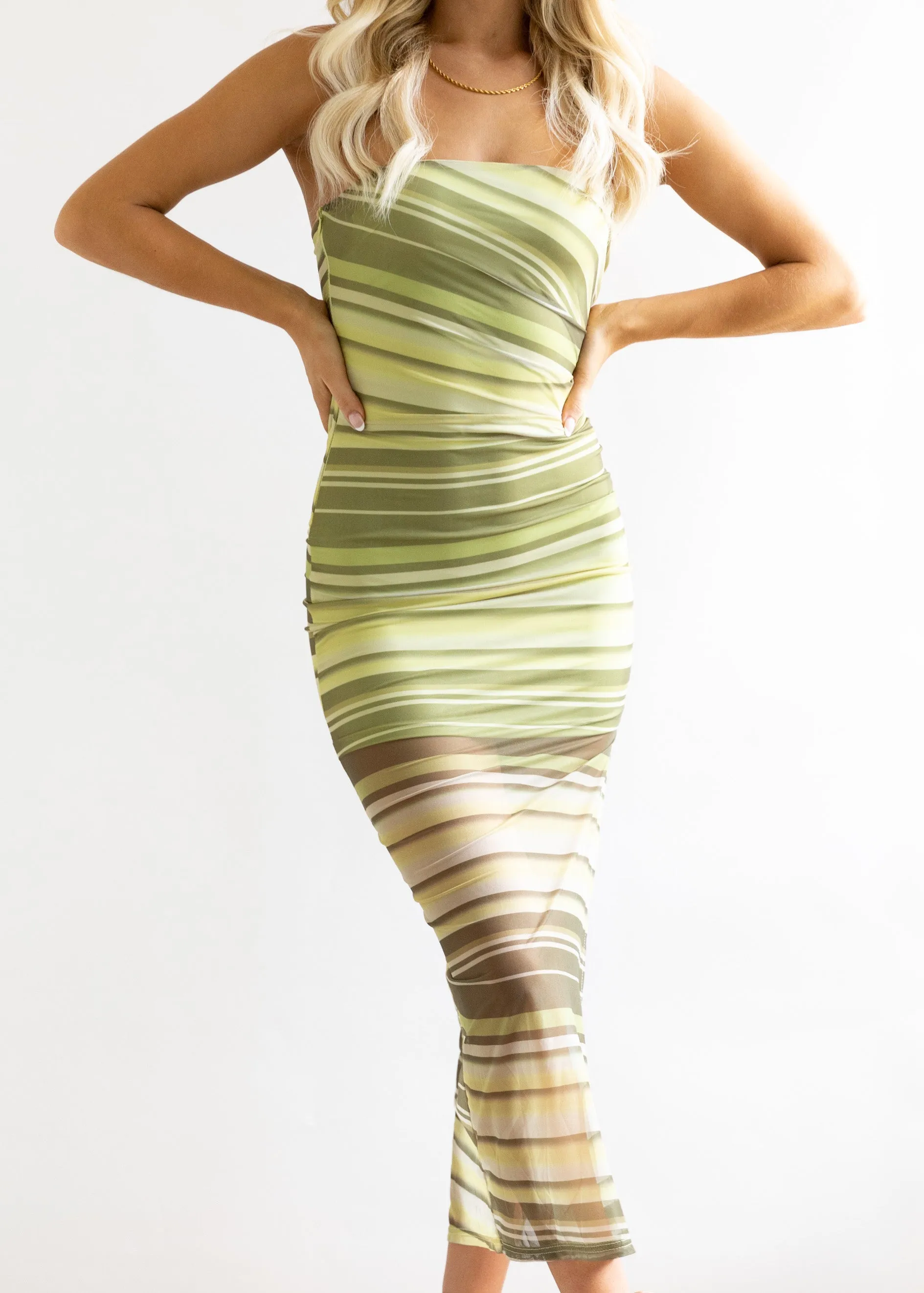 Alto Strapless Midi Dress - Lime Stripe