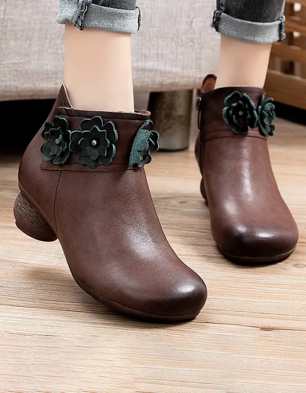 Autumn Winter Retro Leather Flower Chunky Shoes