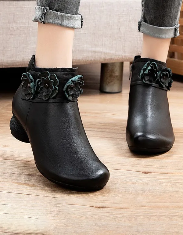 Autumn Winter Retro Leather Flower Chunky Shoes