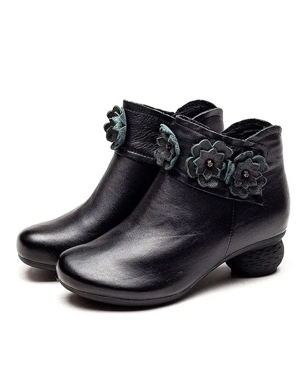 Autumn Winter Retro Leather Flower Chunky Shoes