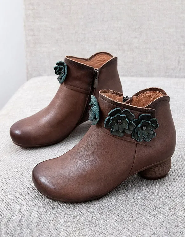 Autumn Winter Retro Leather Flower Chunky Shoes