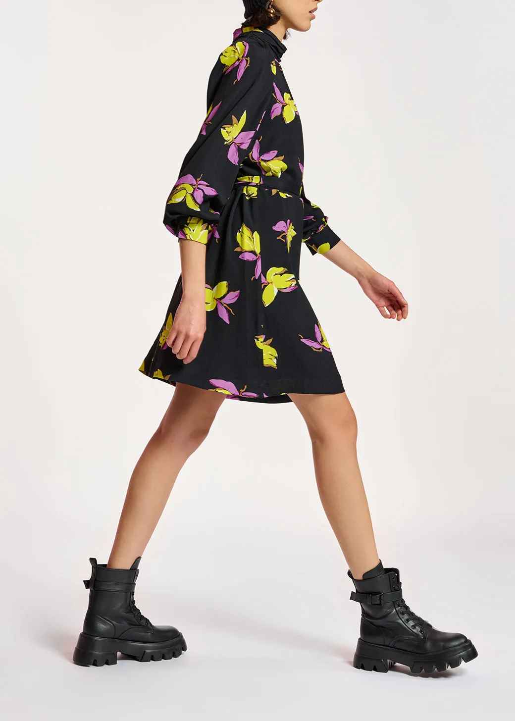 Black floral-printed mini dress