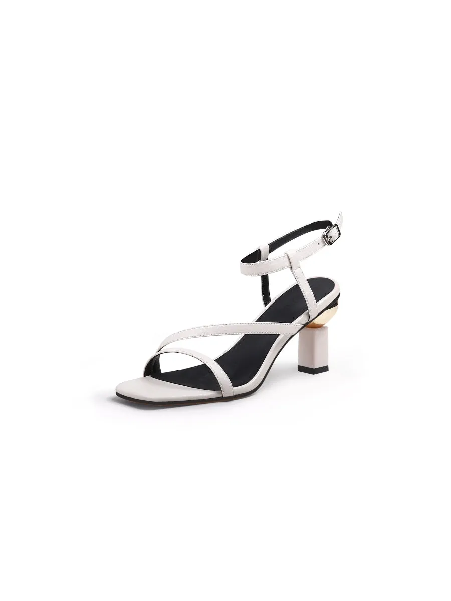 Block Heel Leather Ivory Ankle Strap Sandal
