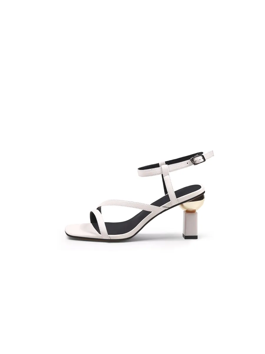 Block Heel Leather Ivory Ankle Strap Sandal