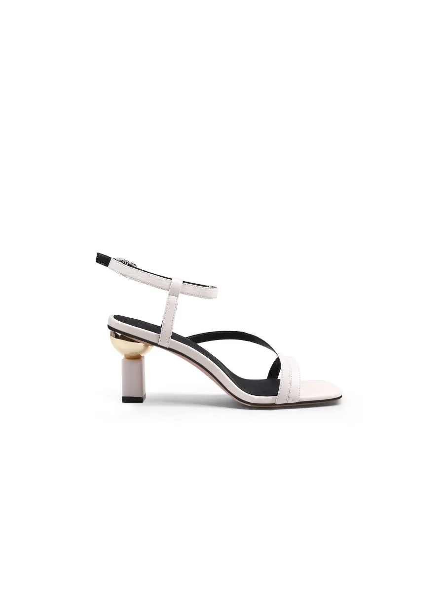 Block Heel Leather Ivory Ankle Strap Sandal