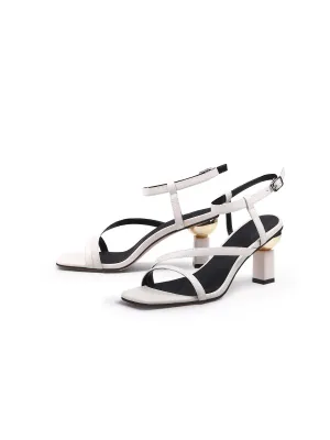 Block Heel Leather Ivory Ankle Strap Sandal