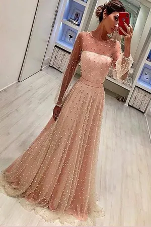Chic A-line Long Sleeve Prom Dresses Beading Pink Long Evening Dress LPD013