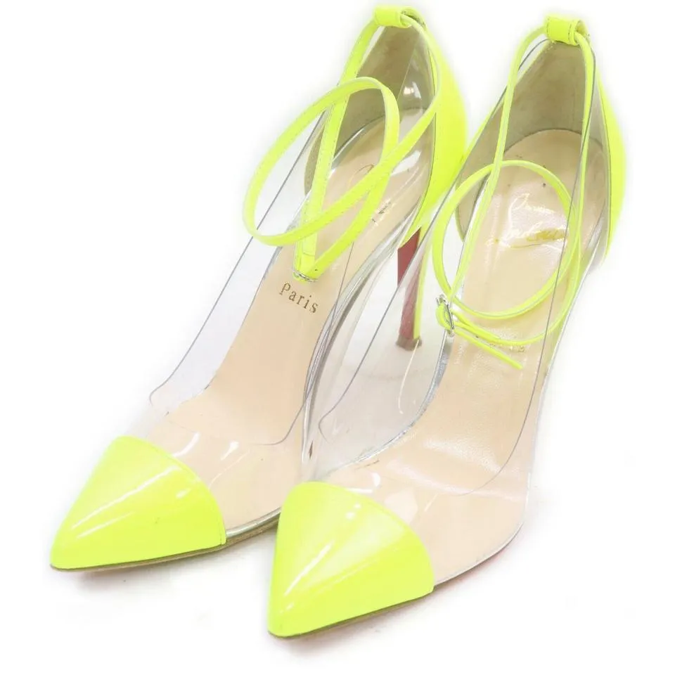 Christian Louboutin 37.5 Neon Yellow x Clear Bis un Bout So Kate Heels 855101