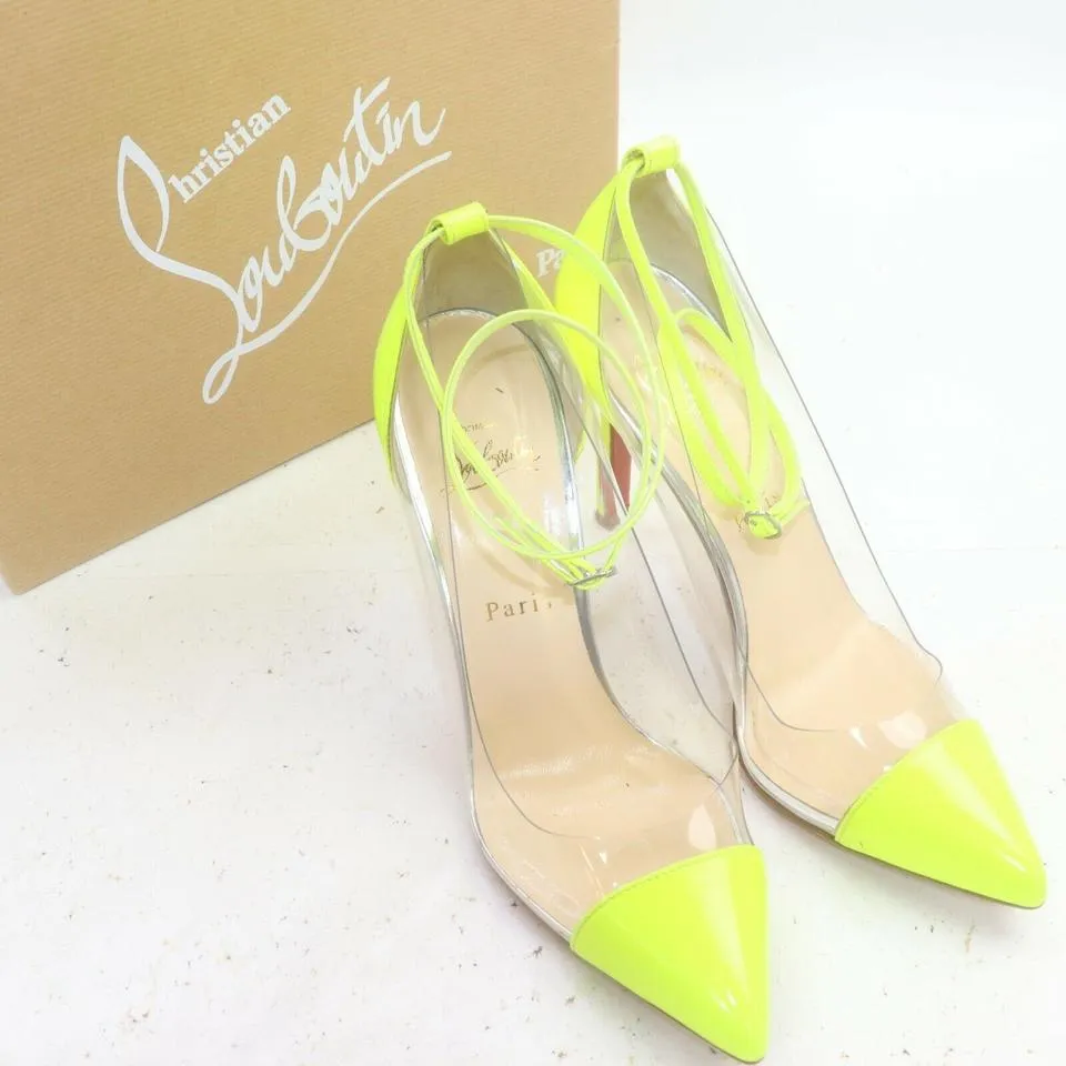 Christian Louboutin 37.5 Neon Yellow x Clear Bis un Bout So Kate Heels 855101