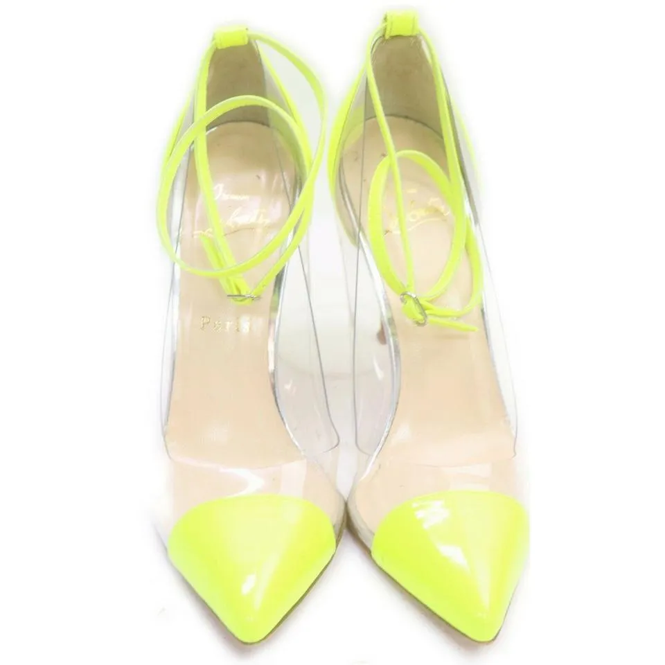 Christian Louboutin 37.5 Neon Yellow x Clear Bis un Bout So Kate Heels 855101