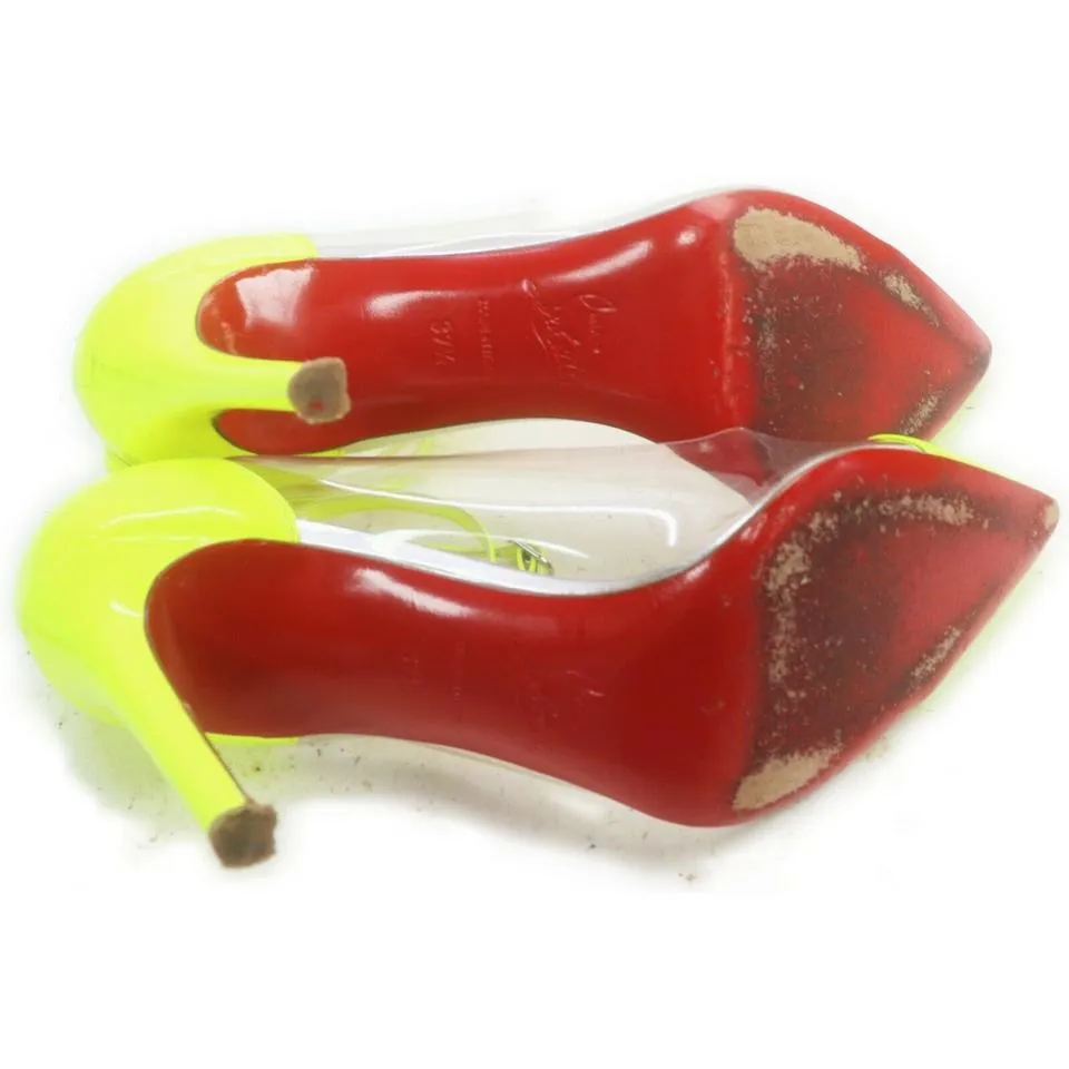 Christian Louboutin 37.5 Neon Yellow x Clear Bis un Bout So Kate Heels 855101