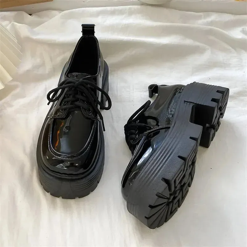 Chunky Platform Oxfords Shoes for Women 2025 spring Non Slip Lace Up Flats Woman Thick Bottom Patent Leather Gothic Shoes