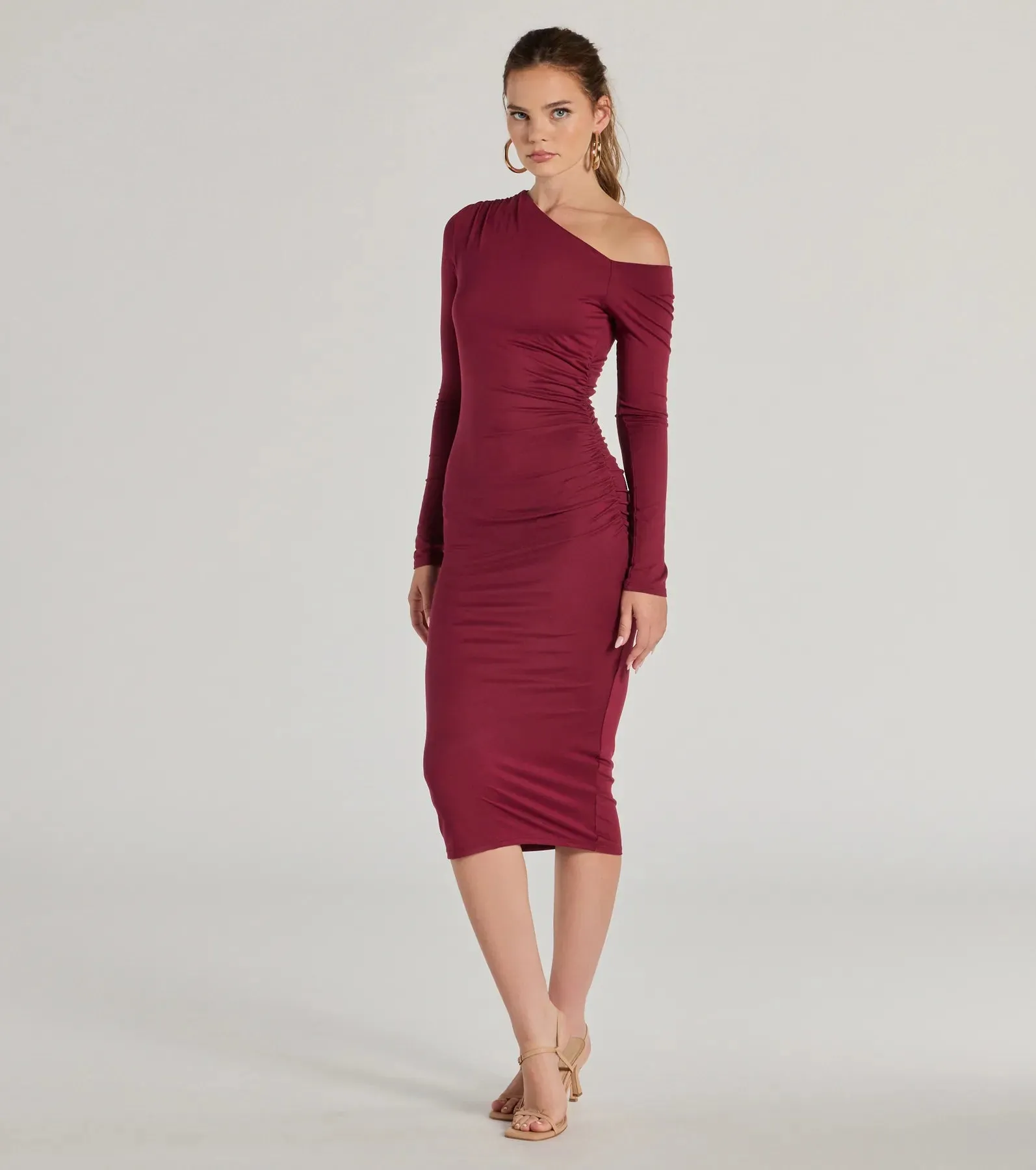 Classic And Sleek Knit Off-Shoulder Long Sleeve Midi Dress