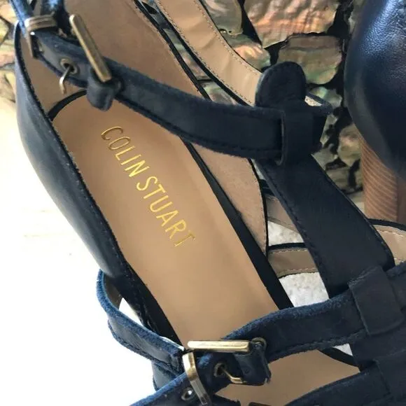 Colin Stuart navy strappy leather heel sz 10
