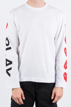 COMME DES GARCONS PLAY LS ALTERNATING HEARTS PRINTED SLEEVE WHITE