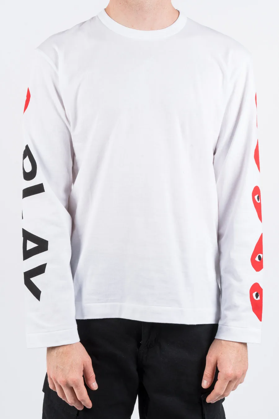 COMME DES GARCONS PLAY LS ALTERNATING HEARTS PRINTED SLEEVE WHITE