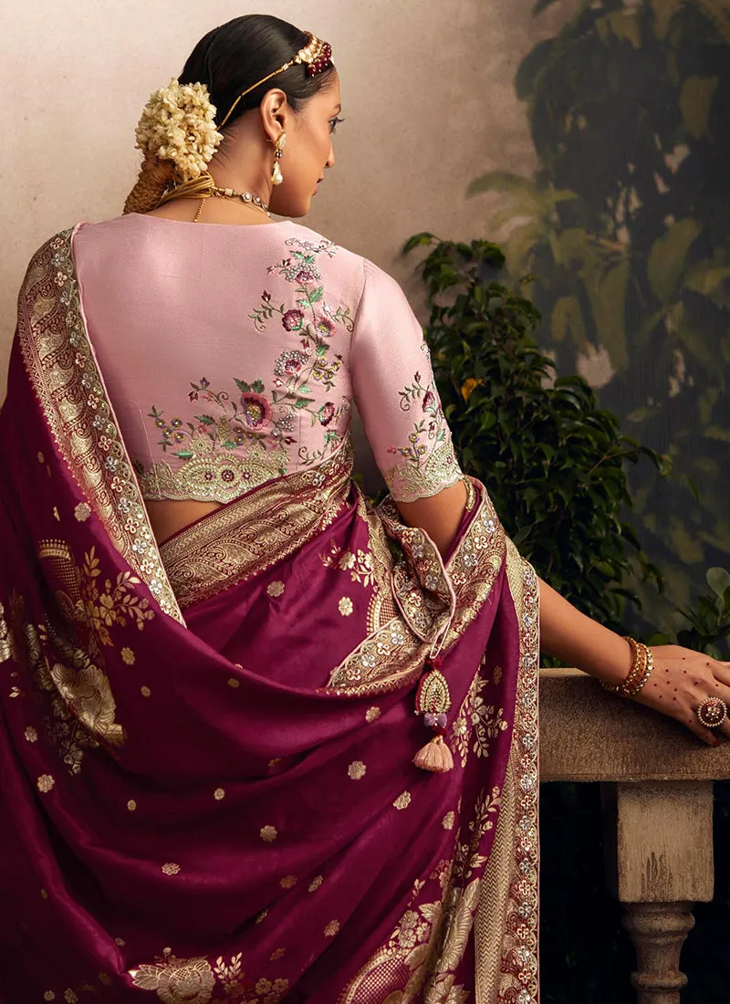 Deep Wine Multi Embroidered Traditional Silk Saree