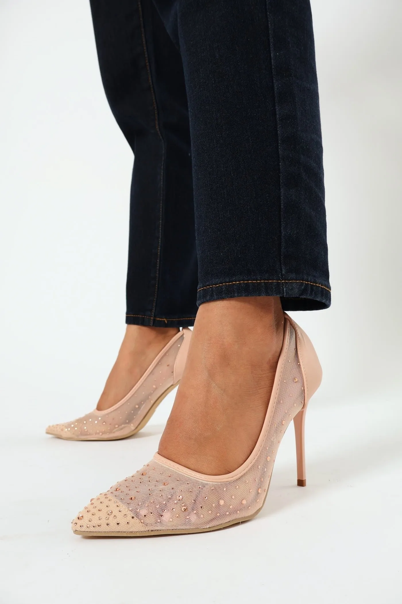 Diamante Mesh Stiletto Court Heel - Rose Gold