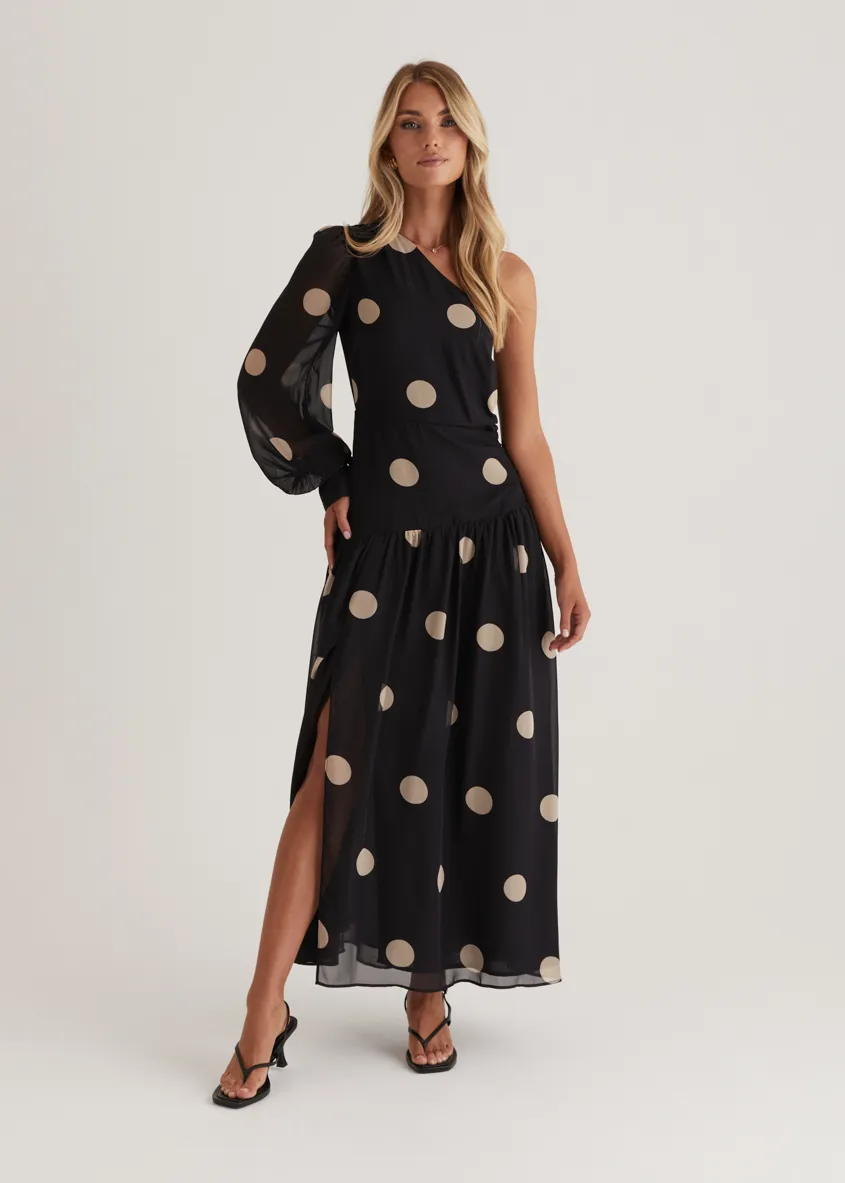 Ella One Shoulder Maxi Dress - Black Polka