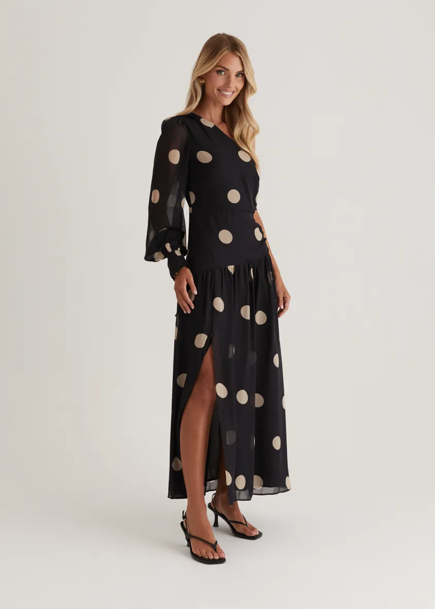 Ella One Shoulder Maxi Dress - Black Polka