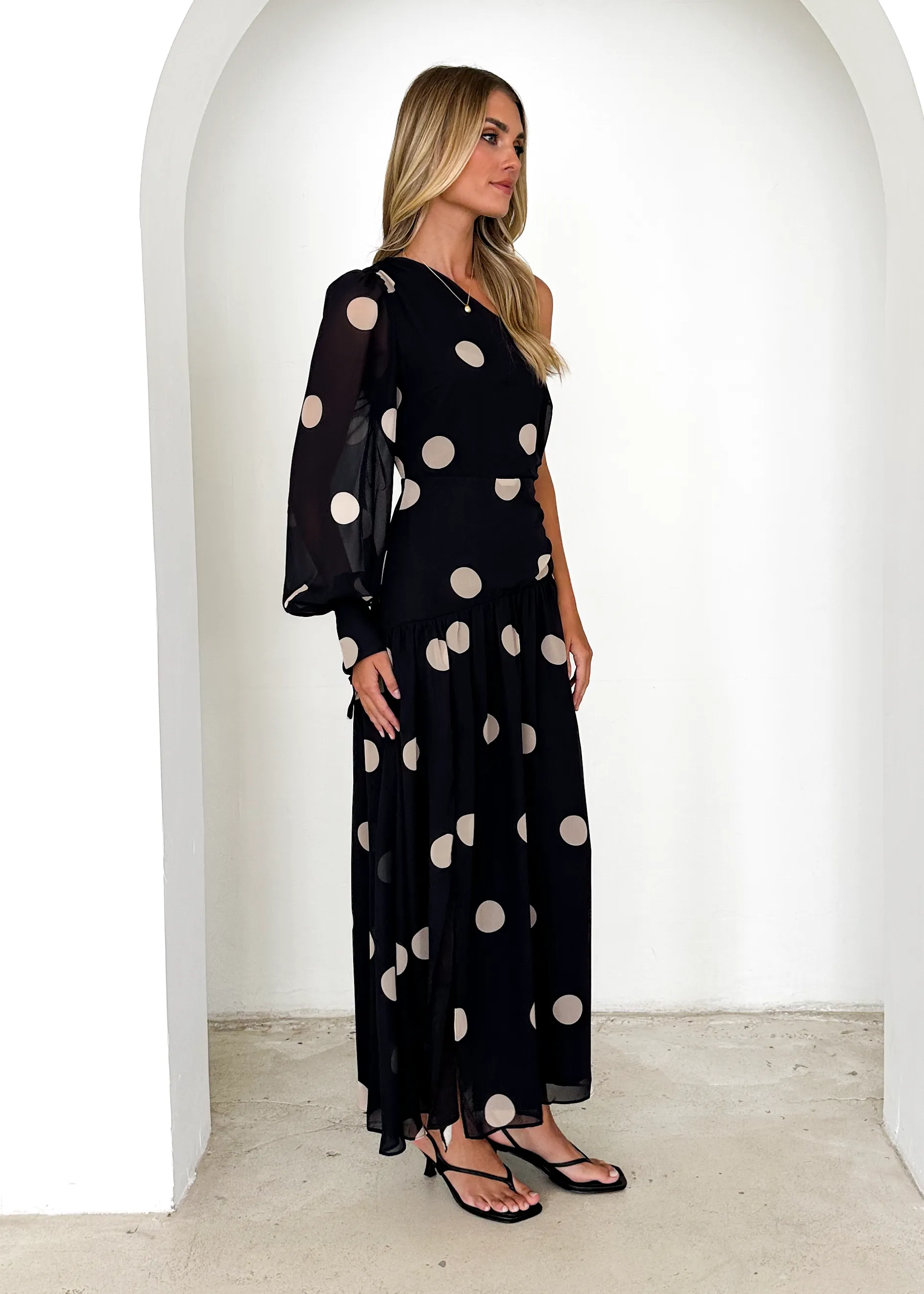 Ella One Shoulder Maxi Dress - Black Polka