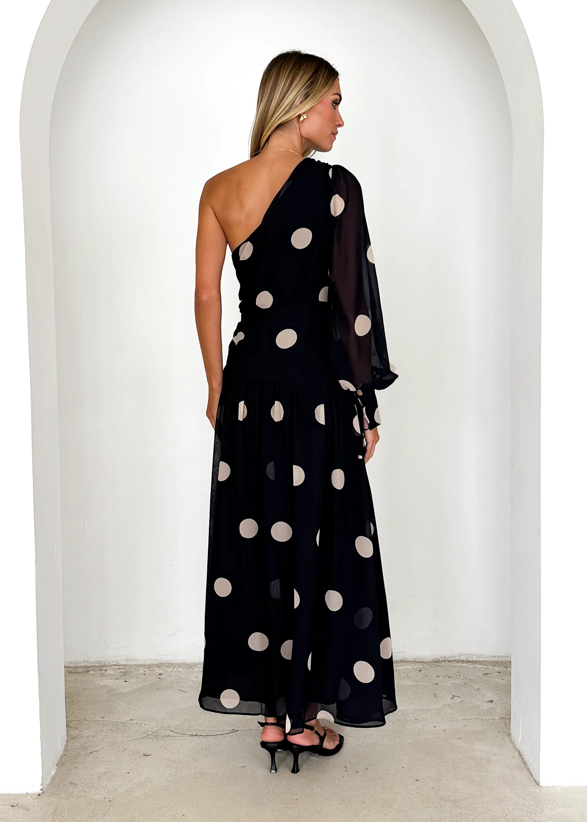 Ella One Shoulder Maxi Dress - Black Polka