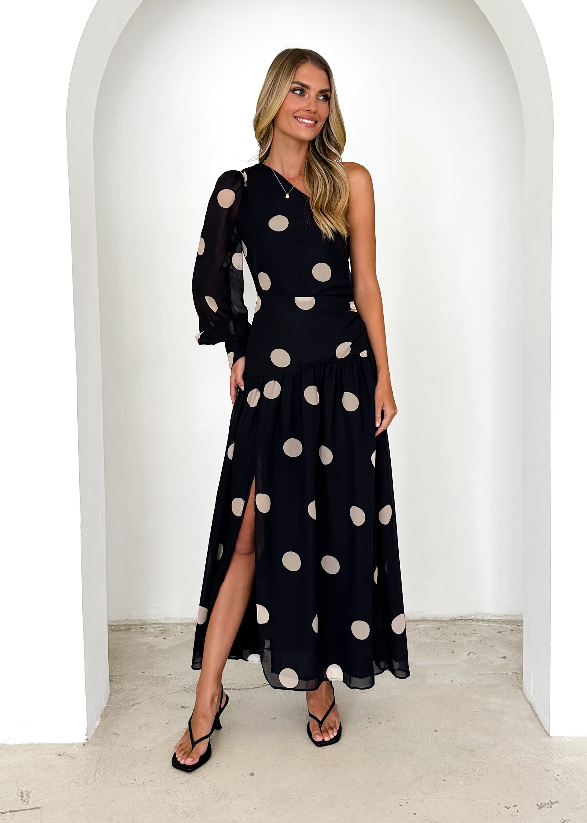 Ella One Shoulder Maxi Dress - Black Polka