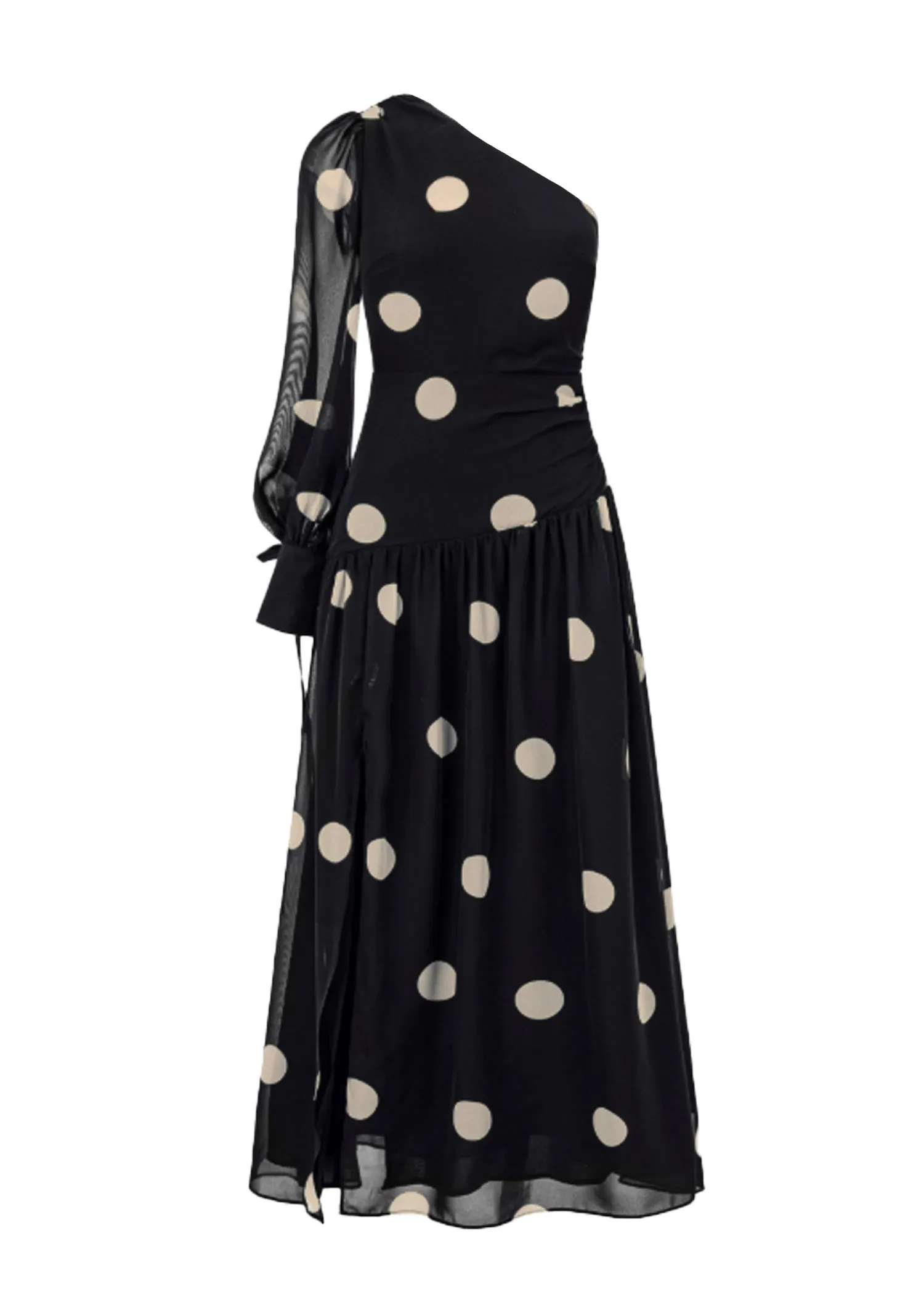 Ella One Shoulder Maxi Dress - Black Polka