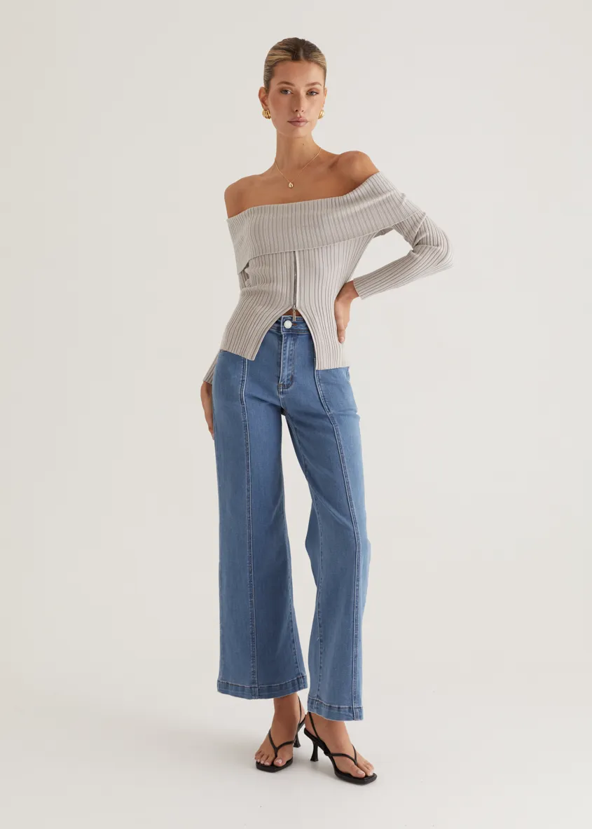 Ember Off Shoulder Knit Top - Stone