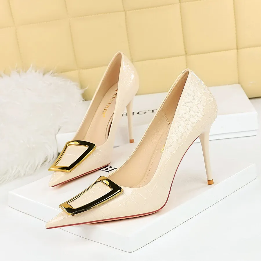 Fashion Elegant Slim Slim High Heel Shallow Mouth Pointed Metal Button Single Shoe Female High Heel women pumps black
