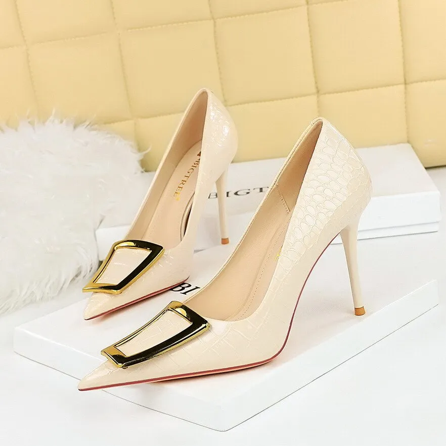 Fashion Elegant Slim Slim High Heel Shallow Mouth Pointed Metal Button Single Shoe Female High Heel women pumps black