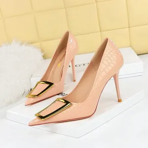 Fashion Elegant Slim Slim High Heel Shallow Mouth Pointed Metal Button Single Shoe Female High Heel women pumps black