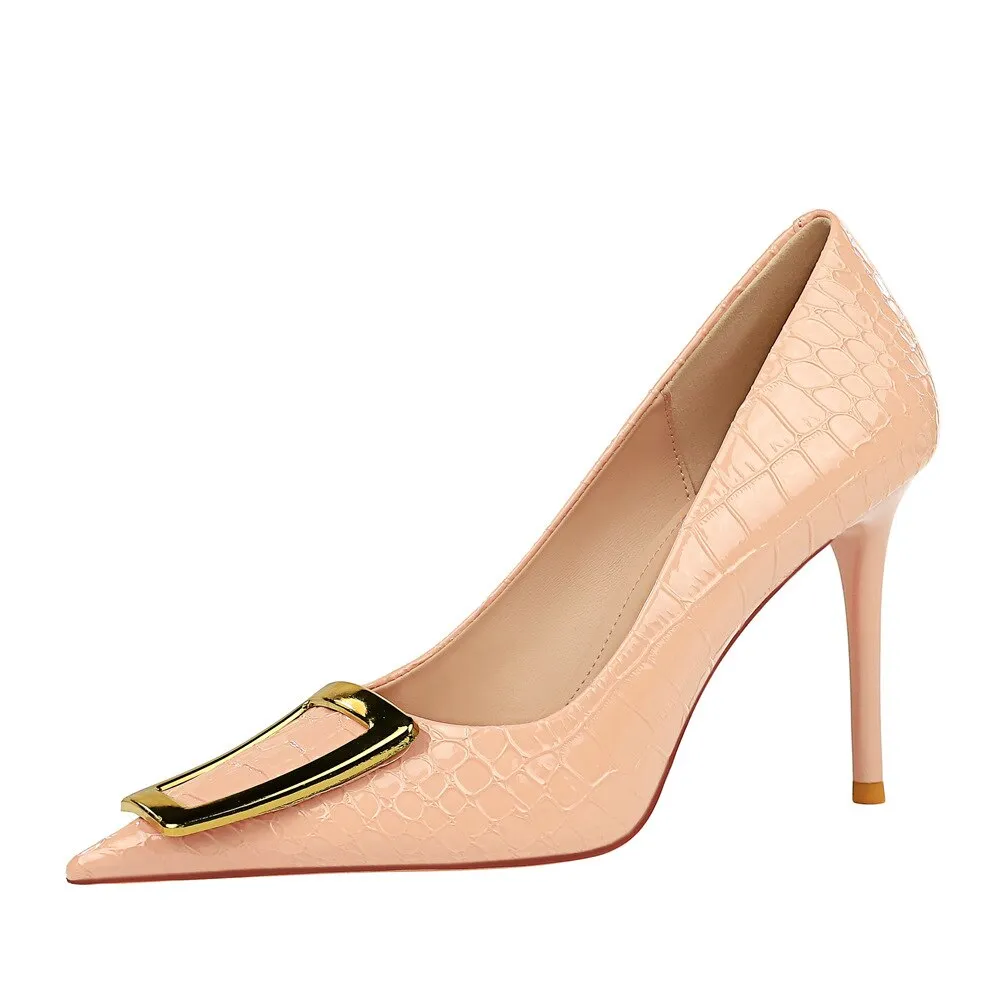 Fashion Elegant Slim Slim High Heel Shallow Mouth Pointed Metal Button Single Shoe Female High Heel women pumps black