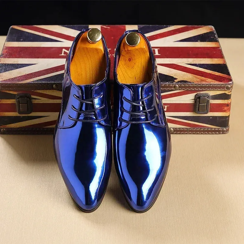 Fashion Trend Patent Leather Men Wedding Shoes – Gold, Blue, Red, White Oxfords, Designer Pointed Toe Dress Shoes, Big Size
