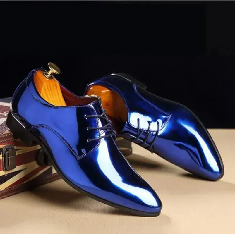 Fashion Trend Patent Leather Men Wedding Shoes – Gold, Blue, Red, White Oxfords, Designer Pointed Toe Dress Shoes, Big Size