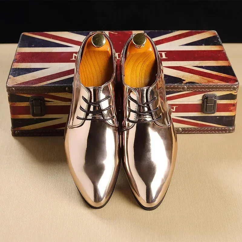 Fashion Trend Patent Leather Men Wedding Shoes – Gold, Blue, Red, White Oxfords, Designer Pointed Toe Dress Shoes, Big Size