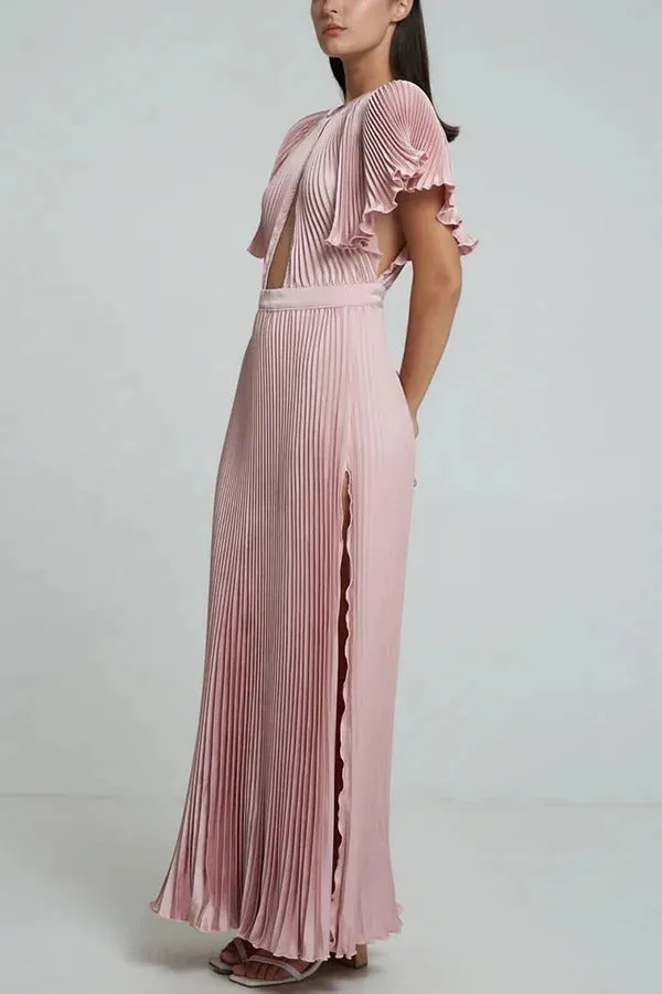 Flash Goddess Satin Pleated Bell Sleeve Cutout Detail Gown Maxi Dress