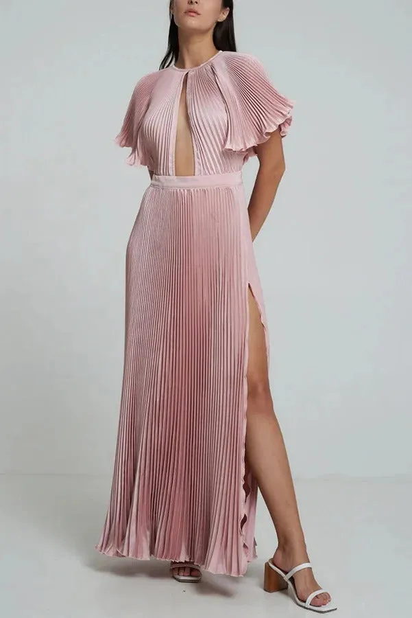 Flash Goddess Satin Pleated Bell Sleeve Cutout Detail Gown Maxi Dress