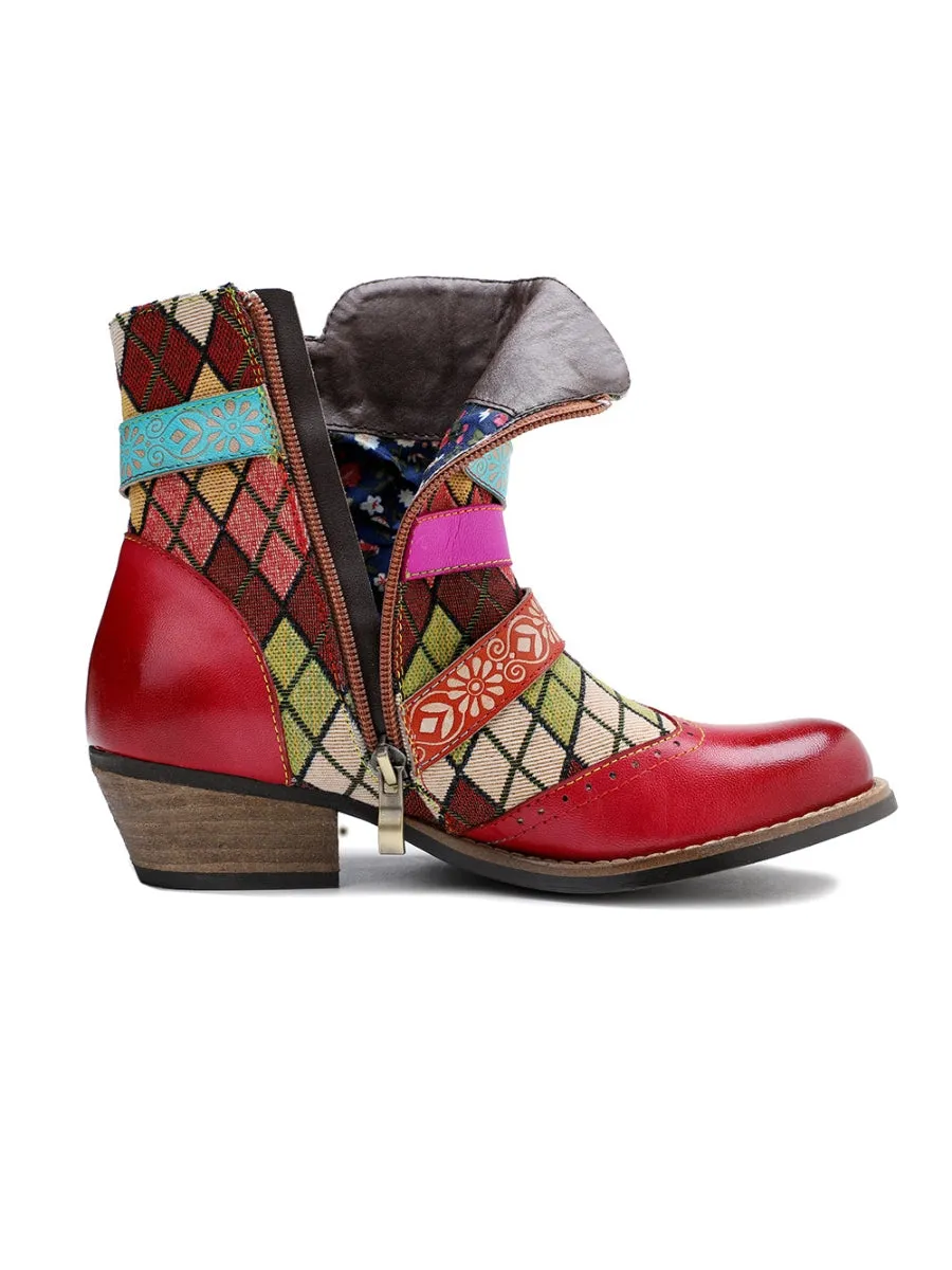 Genuine Leather Bohemian Diamond Block Colorful Printed Leather Moto Ankleboots