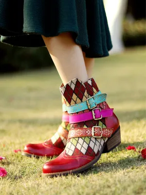 Genuine Leather Bohemian Diamond Block Colorful Printed Leather Moto Ankleboots