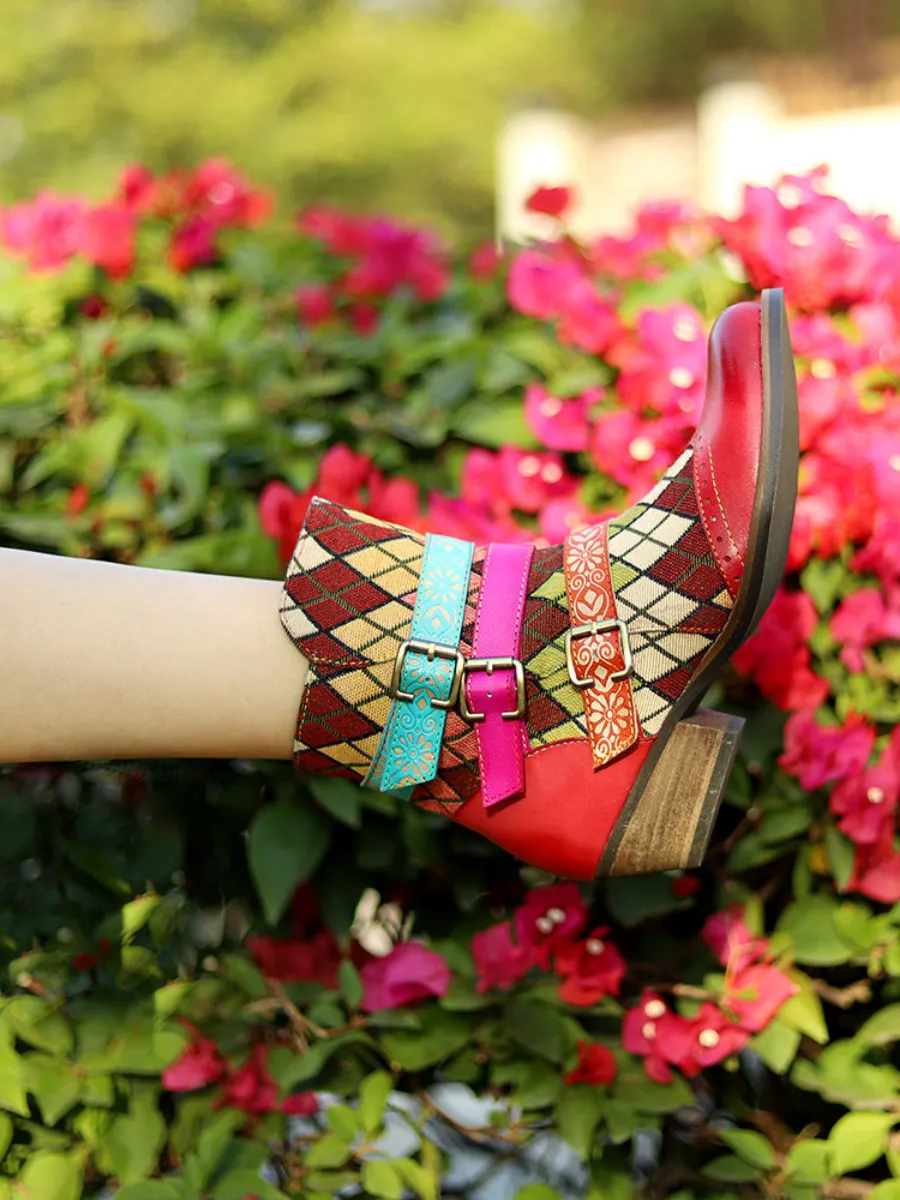 Genuine Leather Bohemian Diamond Block Colorful Printed Leather Moto Ankleboots