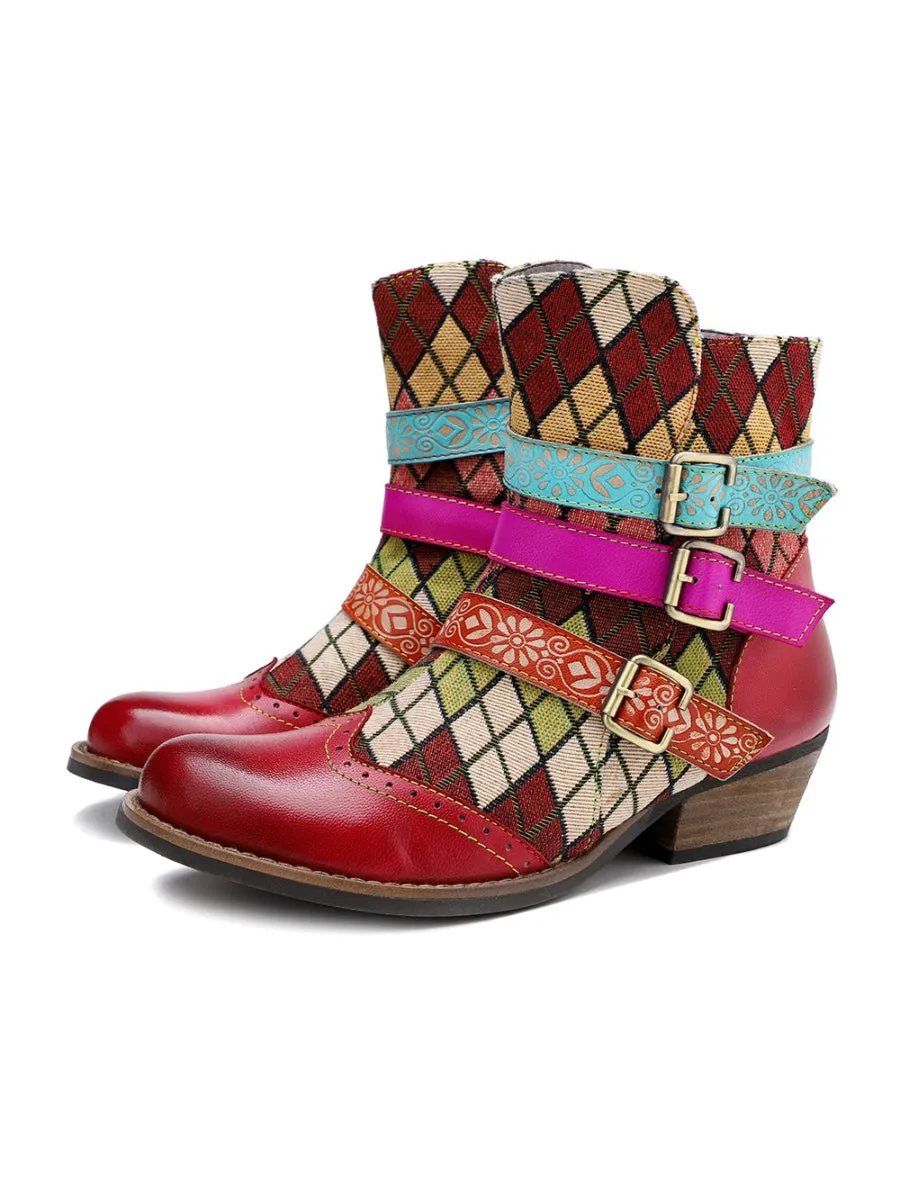 Genuine Leather Bohemian Diamond Block Colorful Printed Leather Moto Ankleboots